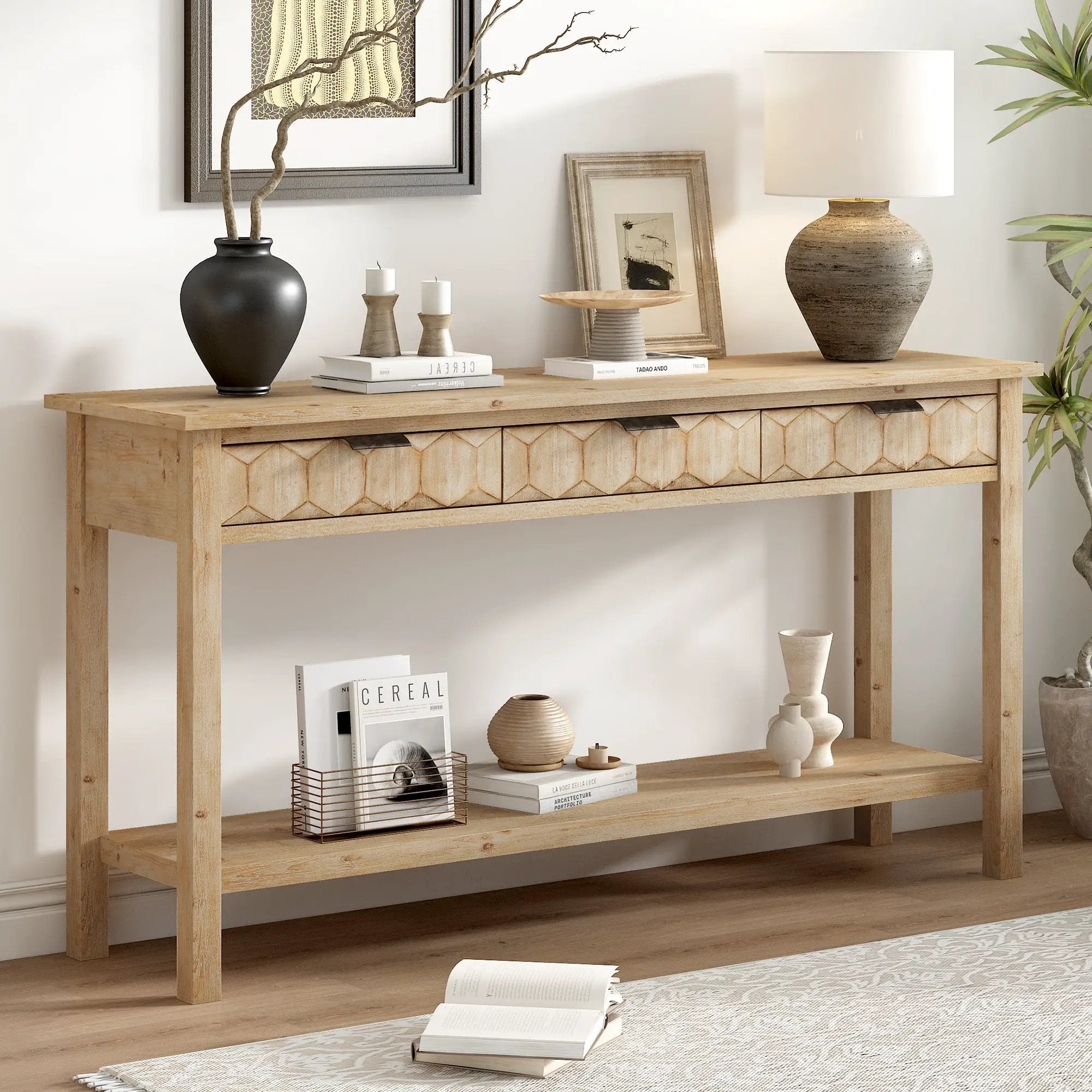 U_Style 58.3'' Fir Veneer Entryway Table with Honeycomb-patterned Fronts by HouseOfZazla