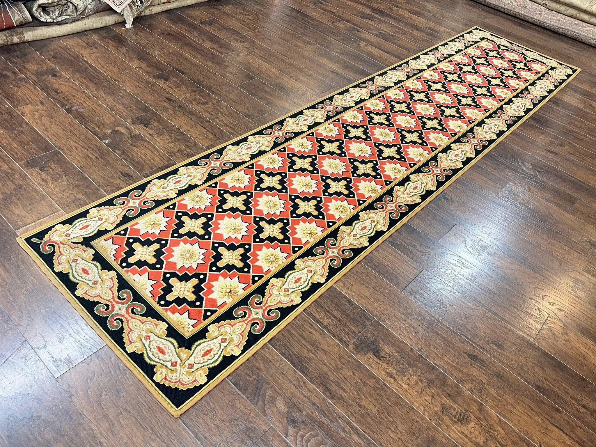 Vintage Runner Rug 3.5 x 14, Long Runner Rug, Stark Custom Made Carpet, European Design, Red Black Ivory Tan, Long Rug for Hallway by Jewel Rugs