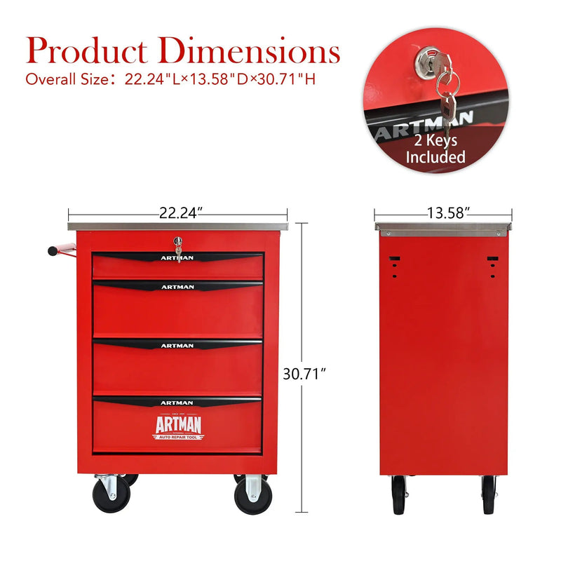 4 Drawers Multifunctional Tool Cart with Wheels, Red & Black by HouseOfZazla