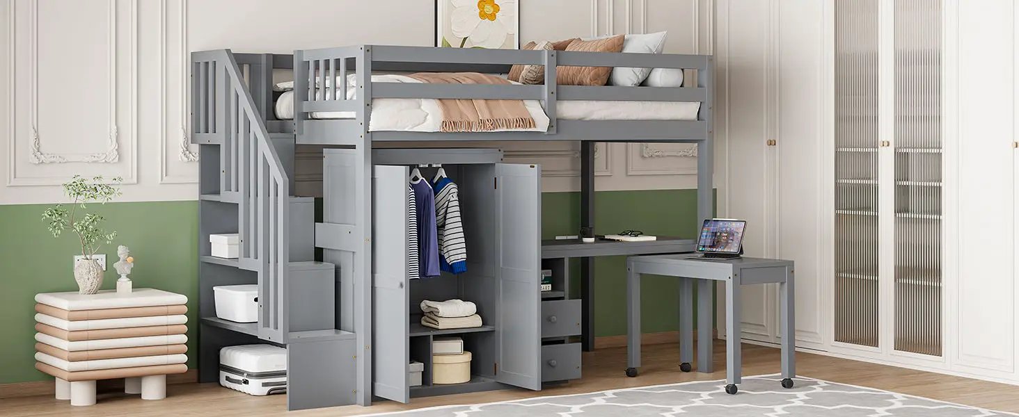 Loft Bed With Stairs, Bookshelf, Drawers, Desk & Wardrobe, Space Saving Multifunctional Furniture by HouseOfZazla