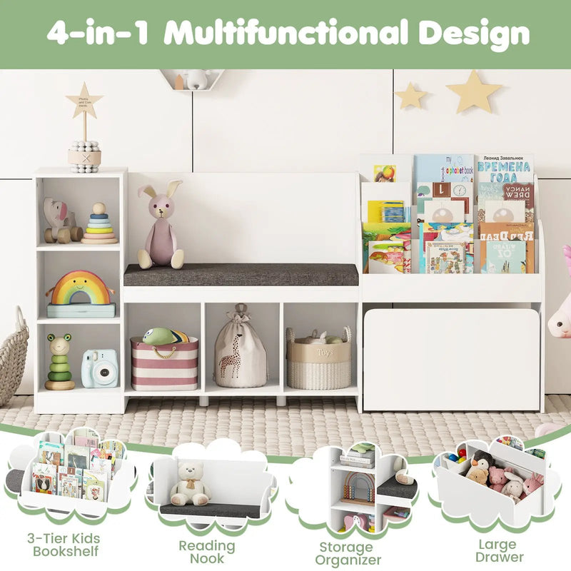 Kids Bookcase with Reading Nook 4-in-1 Standing Toy Organizer-White by DirectDeals