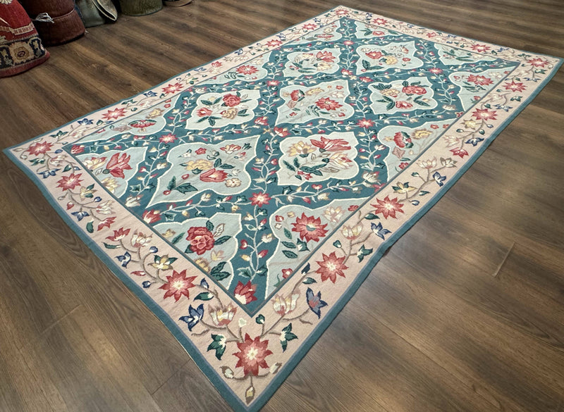 Teal Needlepoint Rug 6x9, Panel Design, Floral Bouquets, Handmade by Jewel Rugs