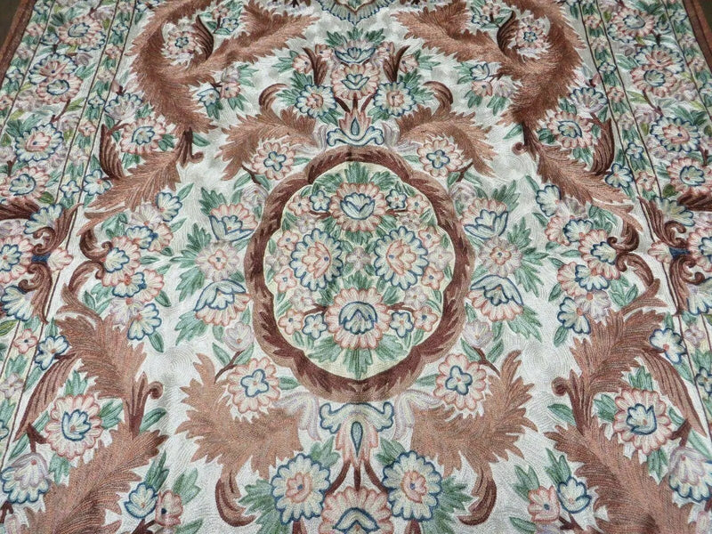 4' X 6' Vintage Embroidery Hand Stitched Rug Silk On Cotton India Backing Nice by Jewel Rugs
