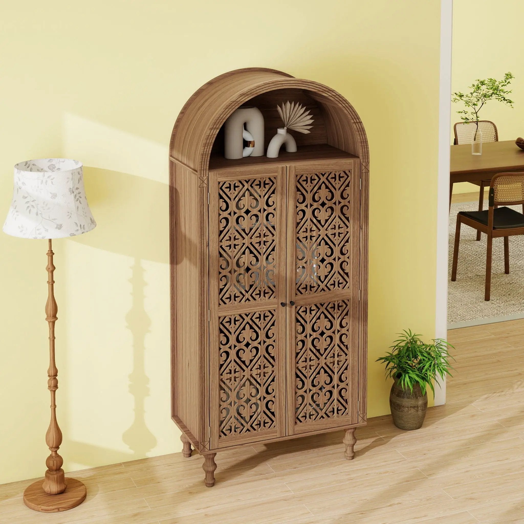 Tall Kitchen Pantry Cabinet With Hollow Carved Doors Adjustable Shelves Versatile Storage Cabinet For Kitchen - Walnut by Unique Piece Furniture