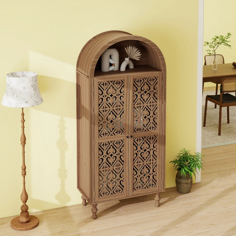 Tall Kitchen Pantry Cabinet With Hollow Carved Doors Adjustable Shelves Versatile Storage Cabinet For Kitchen - Walnut by Unique Piece Furniture