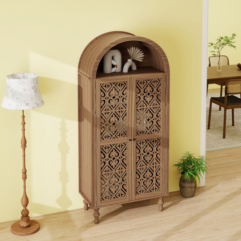 Tall Kitchen Pantry Cabinet With Hollow Carved Doors Adjustable Shelves Versatile Storage Cabinet For Kitchen - Walnut by HouseOfZazla