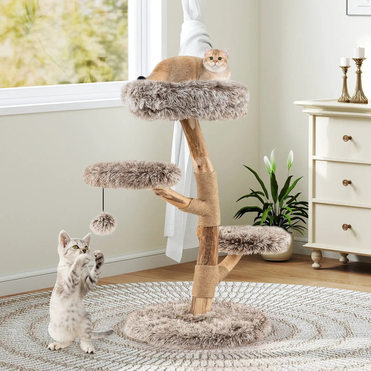 Cat Tree Solid Pear Wood with Perch and Natural Jute Scratching Posts-Brown, photo 5 of 9