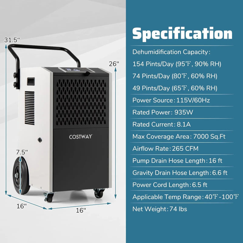 154 Pints Commercial Dehumidifier with Pump and Drain Hoses by DirectDeals