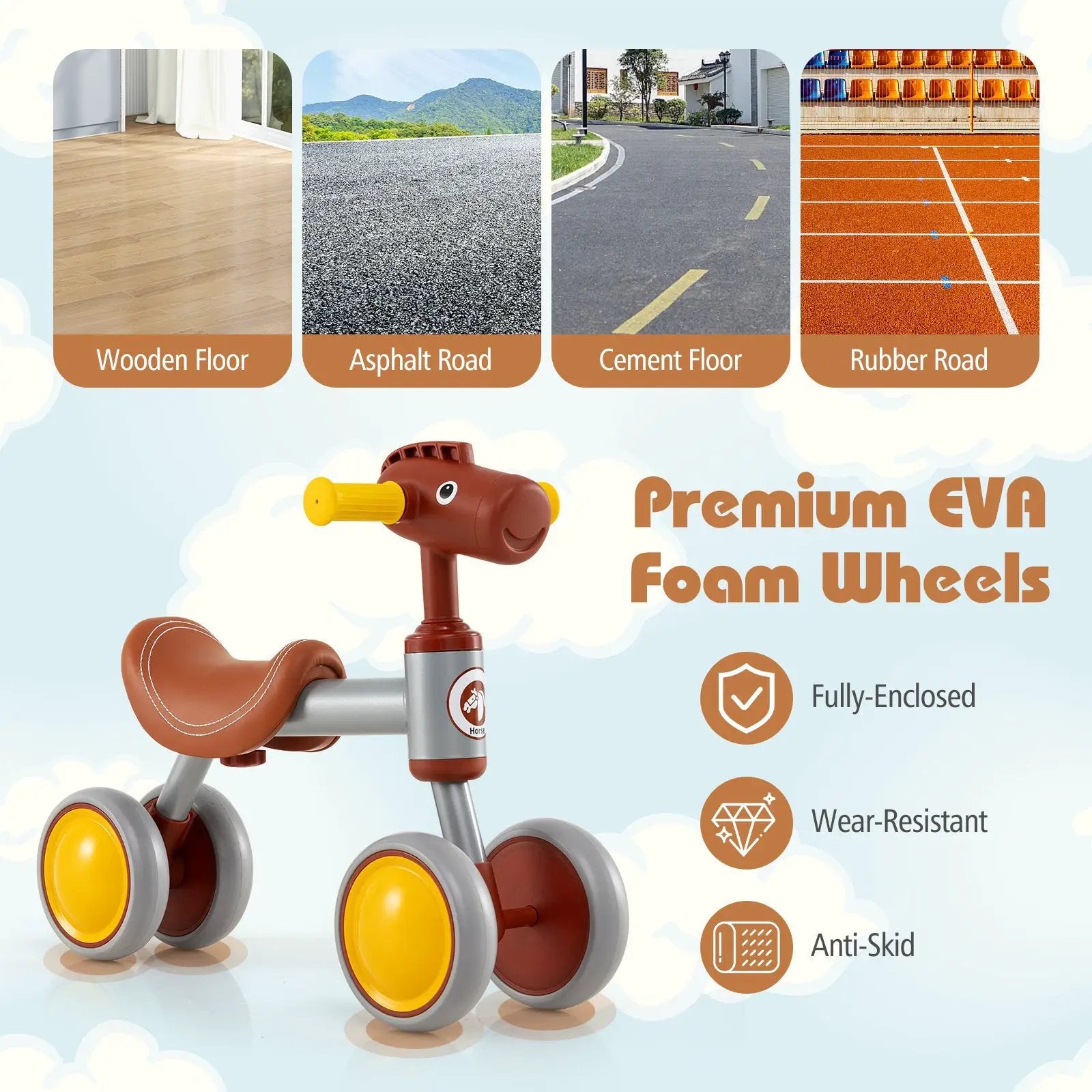 Baby Balance Bike No Pedal 4-Wheel Bicycle-Brown by DirectDeals