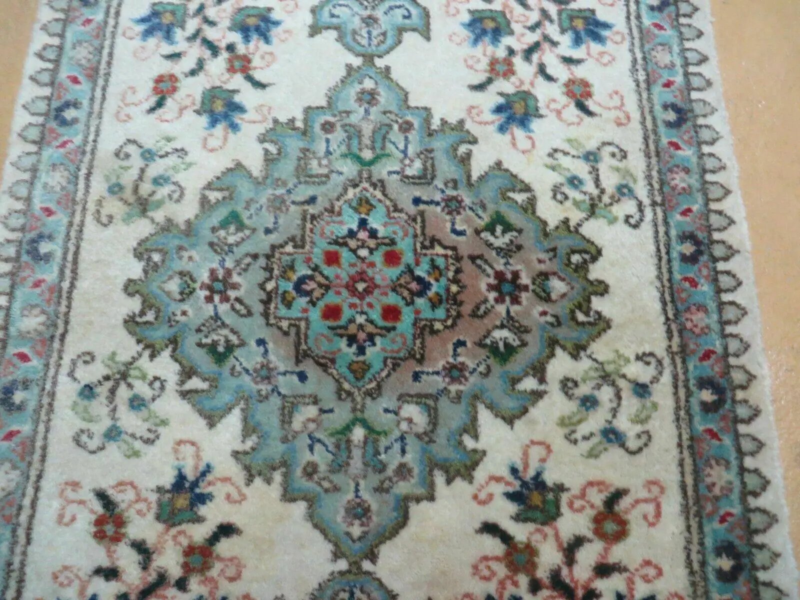 1' 9" X 2' 5" Handmade Indian Wool Rug Lahore Floral Design Small Oriental Rug Beige & Teal by Jewel Rugs