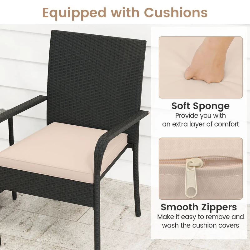 3 Piece Patio Furniture Set with Seat Cushions and Tempered Glass Tabletop by DirectDeals