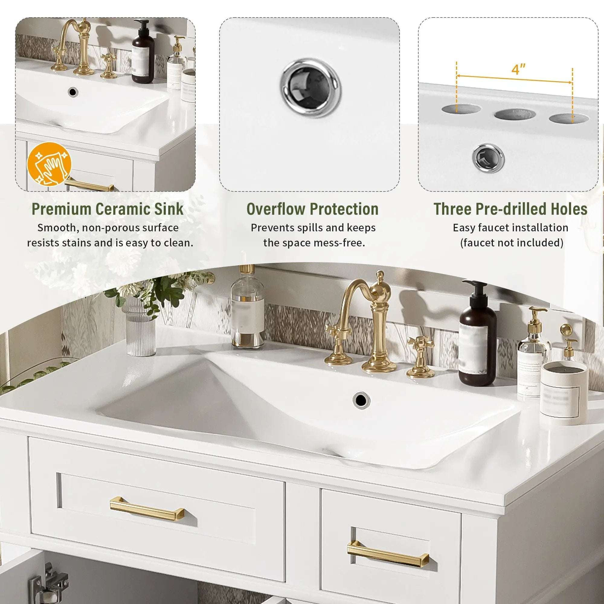 Modern Bathroom Vanity With Sink, Storage Cabinet, Soft Close Doors, Deep & Standard Drawers by Unique Piece Furniture