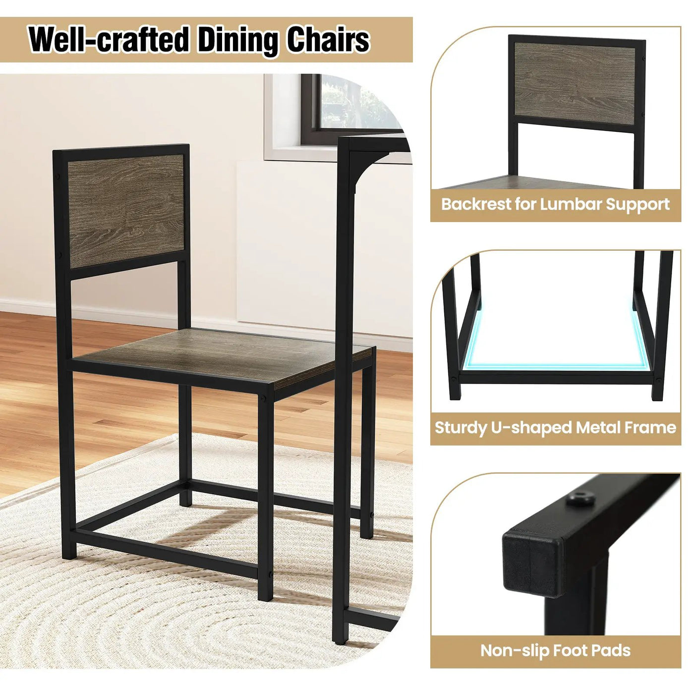 3 Pcs Dining Set Compact Table and 2 Chair with Metal Frame for for Small Space by DirectDeals