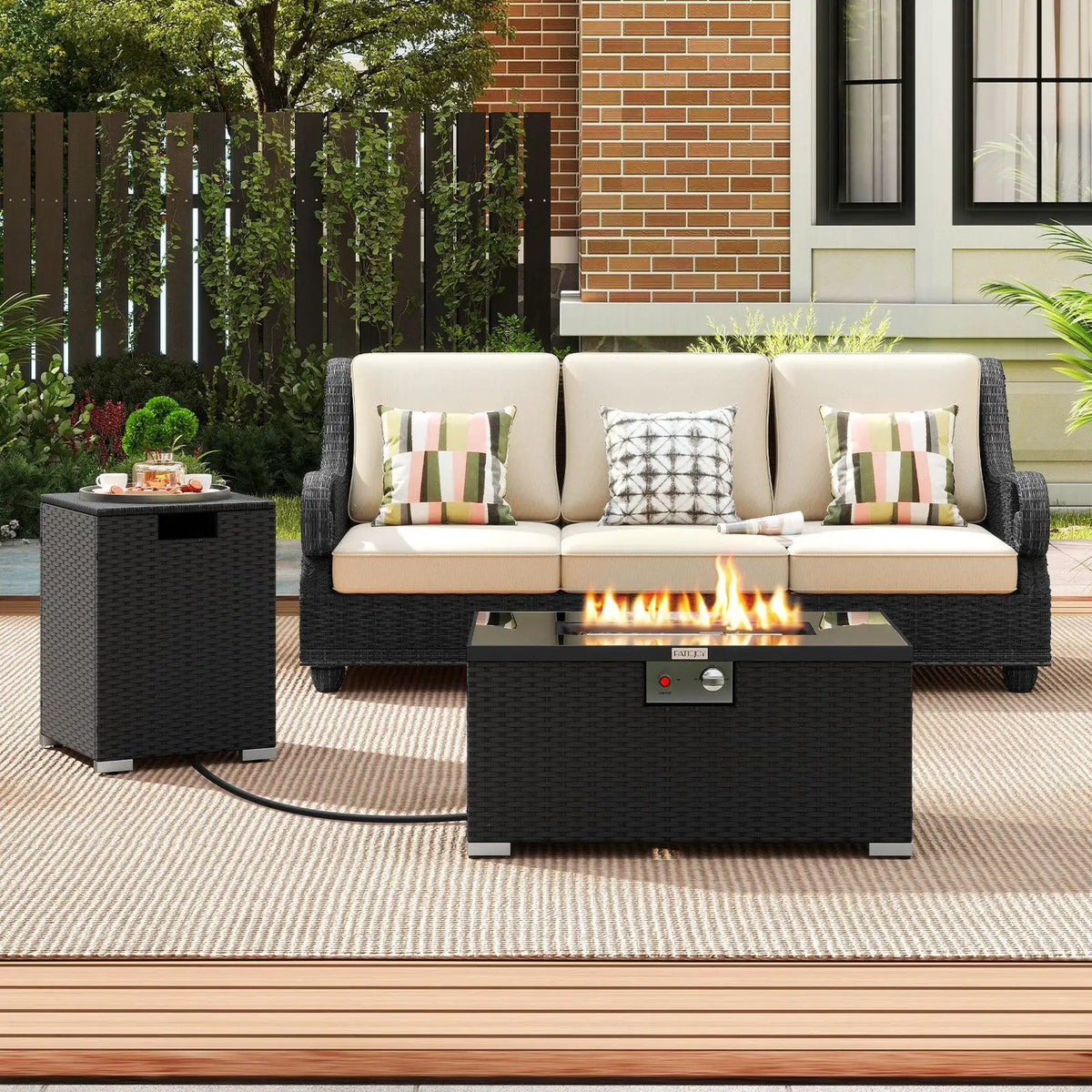 2-Piece Outdoor Rattan Fire Table Set 32 Inch Rectangle Gas Firepit with Tank Cover, photo 2 of 24