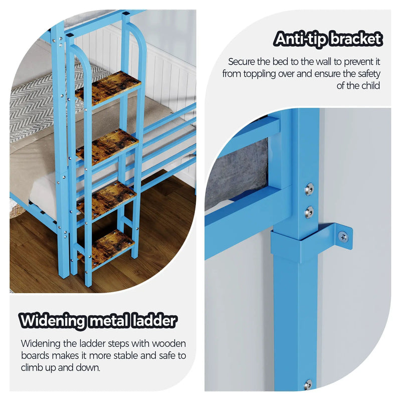 Bunk Bed, Convertible To 2 Separate Twin Size Beds With Full Length Guardrail & Ladder, No Box Spring Needed - Blue by HouseOfZazla