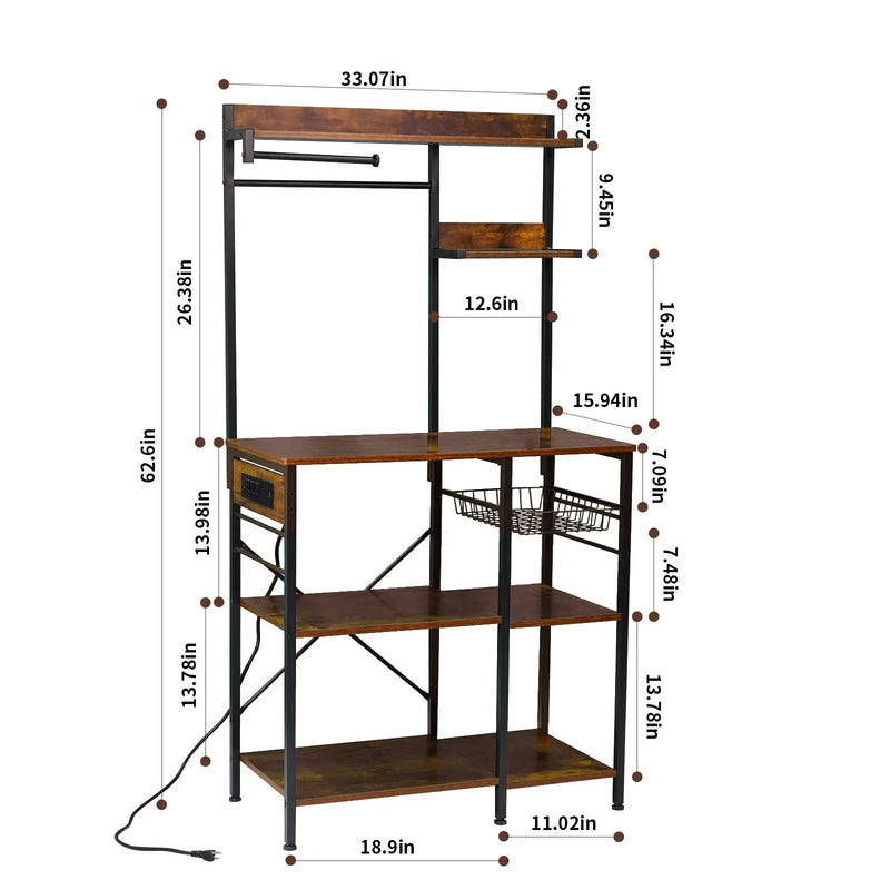 Bakers Rack With Power Outlet, Coffee Bar With S-Shaped Hooks, Kitchen Shelf With Wire Basket - Black / Brown by HouseOfZazla