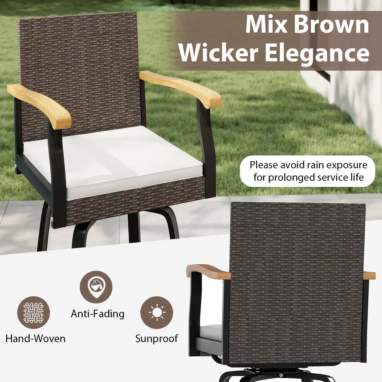 Set of 2 Outdoor 360¬∞ Swivel Bar Stool with Cushion and Acacia Wood Armrests by DirectDeals