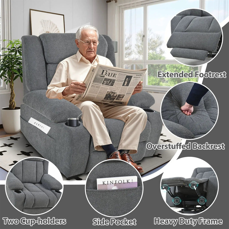 Power Lift Recliner Chair With Extended Footrest, Remote Control, Cup Holders, And Side Pockets by Unique Piece Furniture
