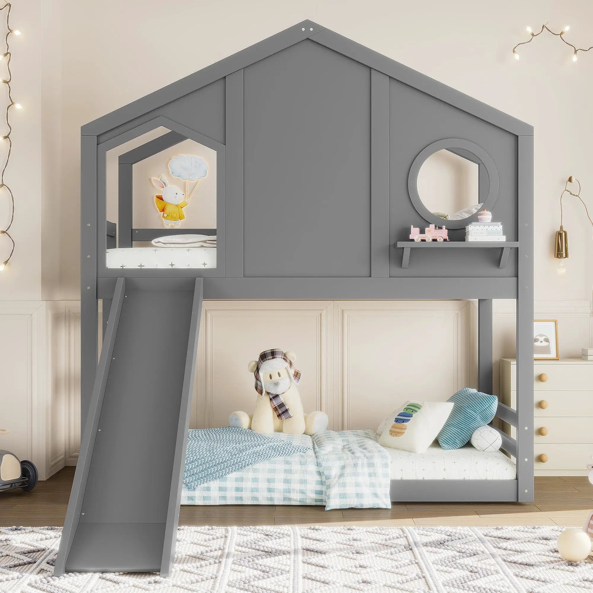 Twin House Bunk Bed with Slide and Storage Shelves by HouseOfZazla