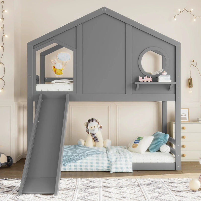 Twin House Bunk Bed with Slide and Storage Shelves by HouseOfZazla