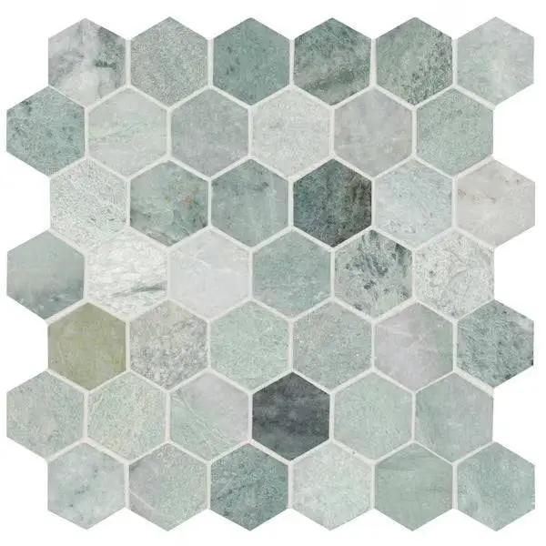 Open Box MSI Icelandic Green 2 in. Hexagon 12 in. x 12 in. x 0.38 in. Polished Marble Mesh-Mounted Mosaic Tile (9.8 sq. ft./case) by Selzalot