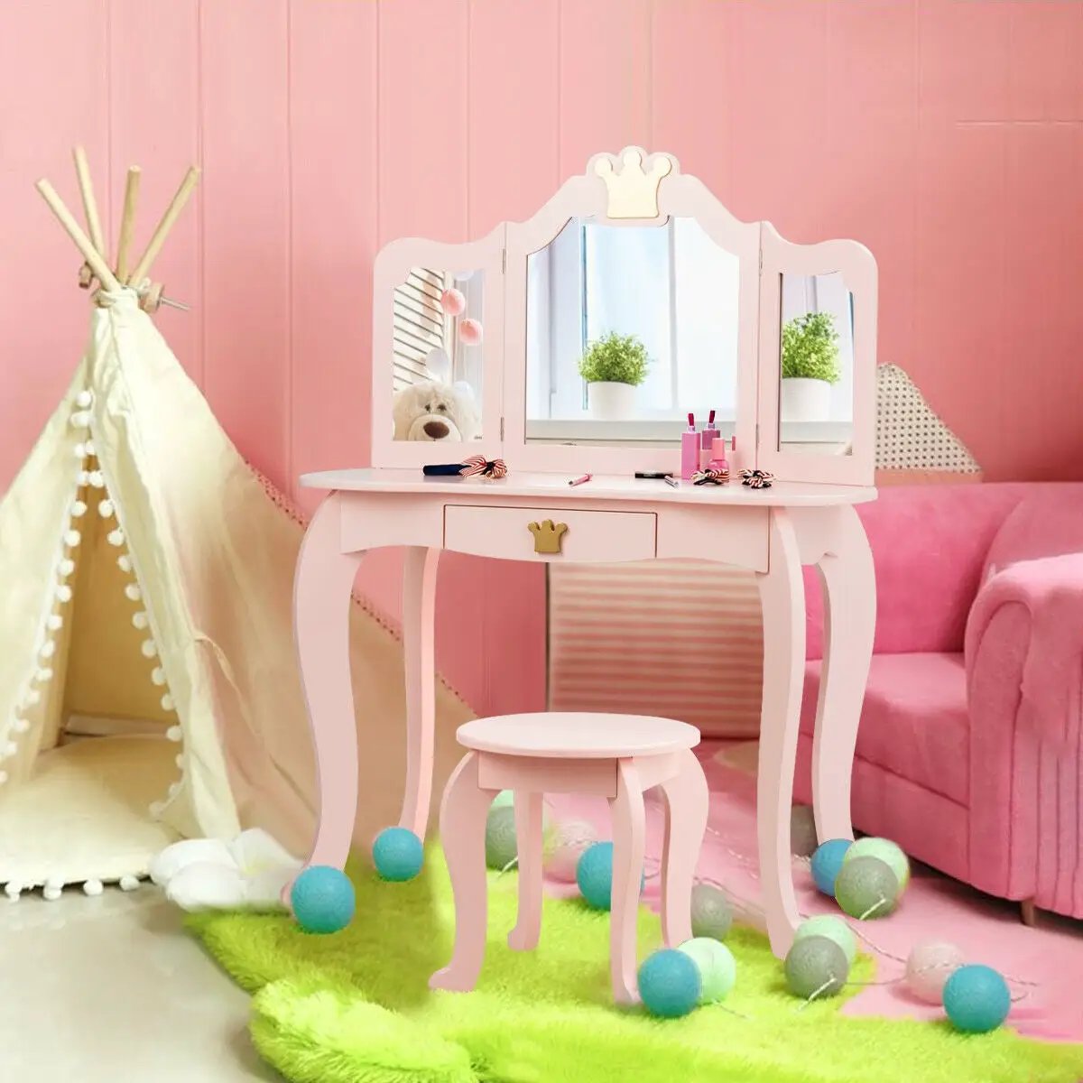 Kids Makeup Dressing Table with Tri-folding Mirror and Stool by DirectDeals
