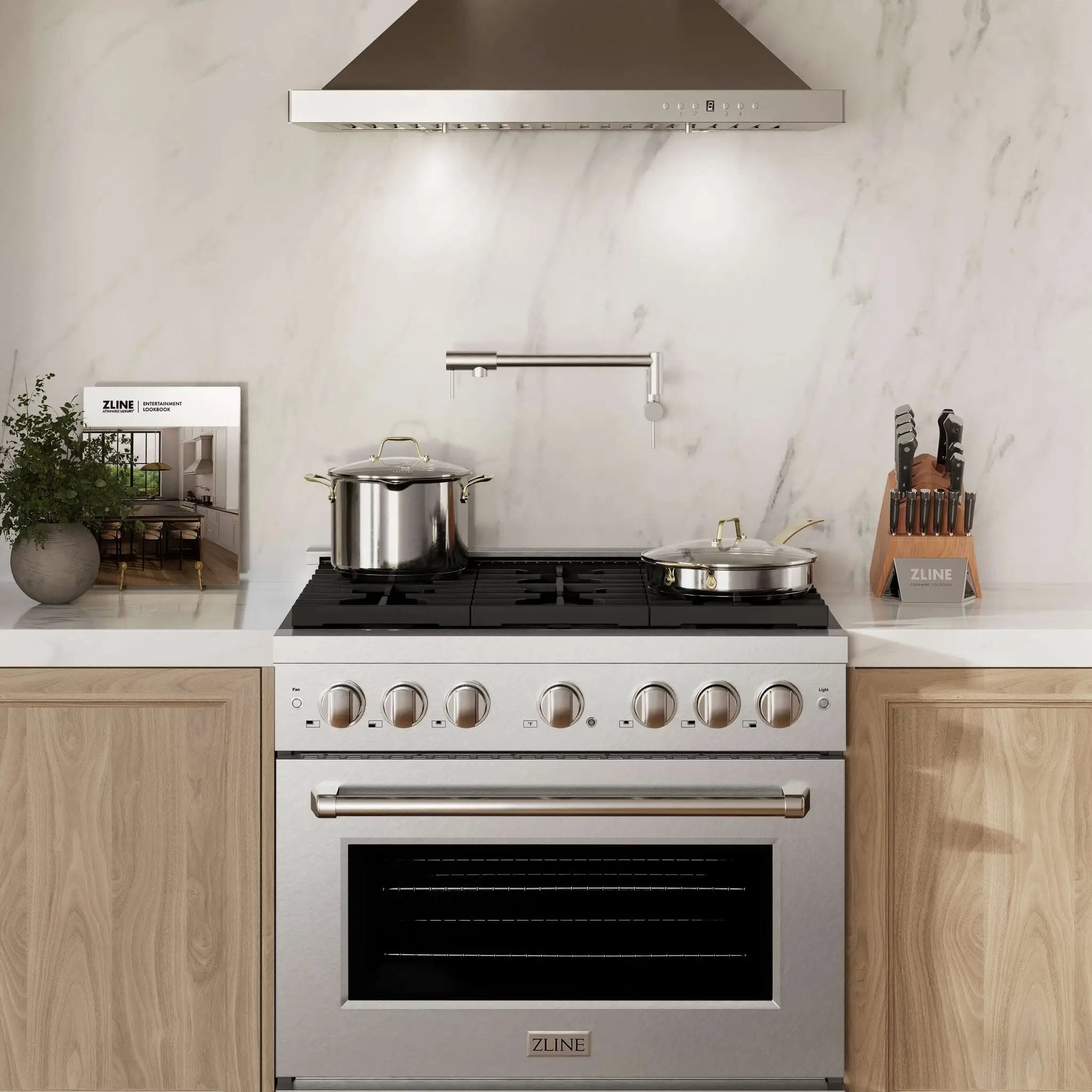 ZLINE 36"Paramount Dual Fuel Range DuraSnow® Brass Burners SDRS-BR-36 by Farmhouse Kitchen and Bath