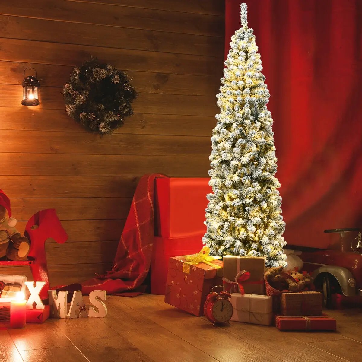7.5 Feet Pre-lit Snow Flocked Artificial Pencil Christmas Tree with LED Lights by DirectDeals