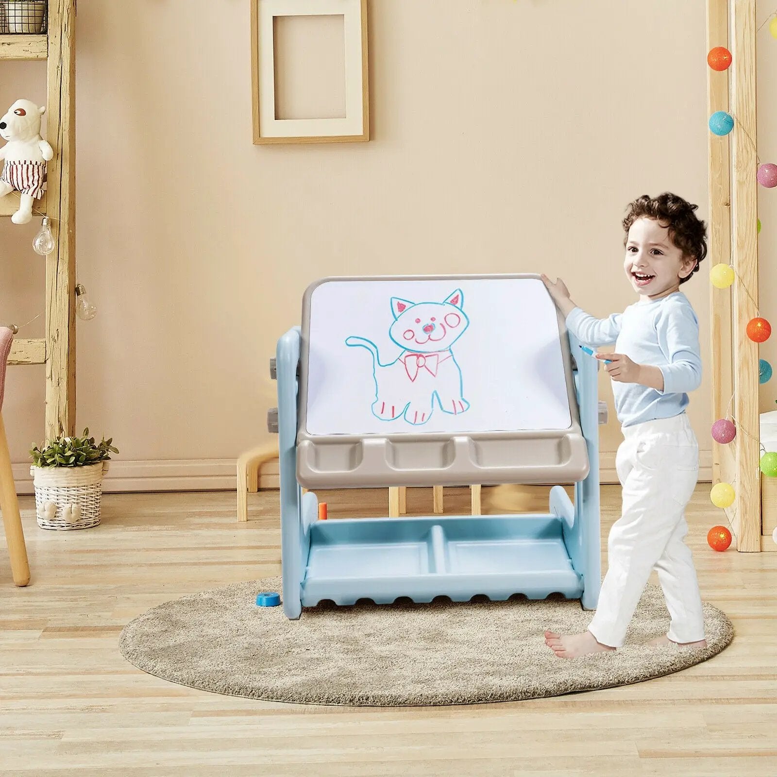 2 in 1 Kids Easel Table and Chair Set with Adjustable Art Painting Board by DirectDeals