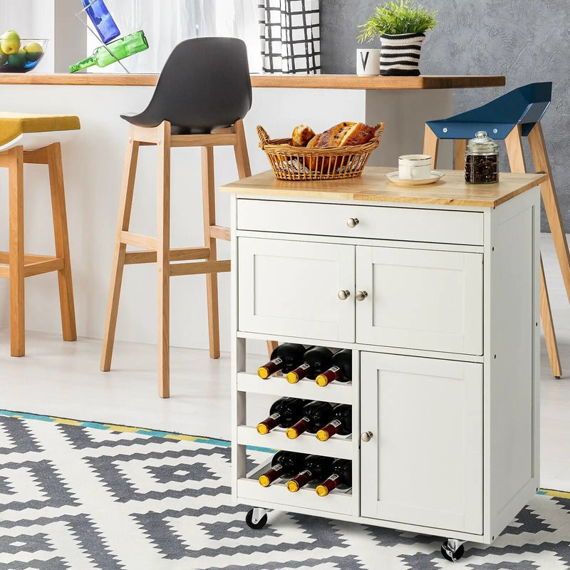 Kitchen Cart with Rubber Wood Top 3 Tier Wine Racks 2 Cabinets by DirectDeals