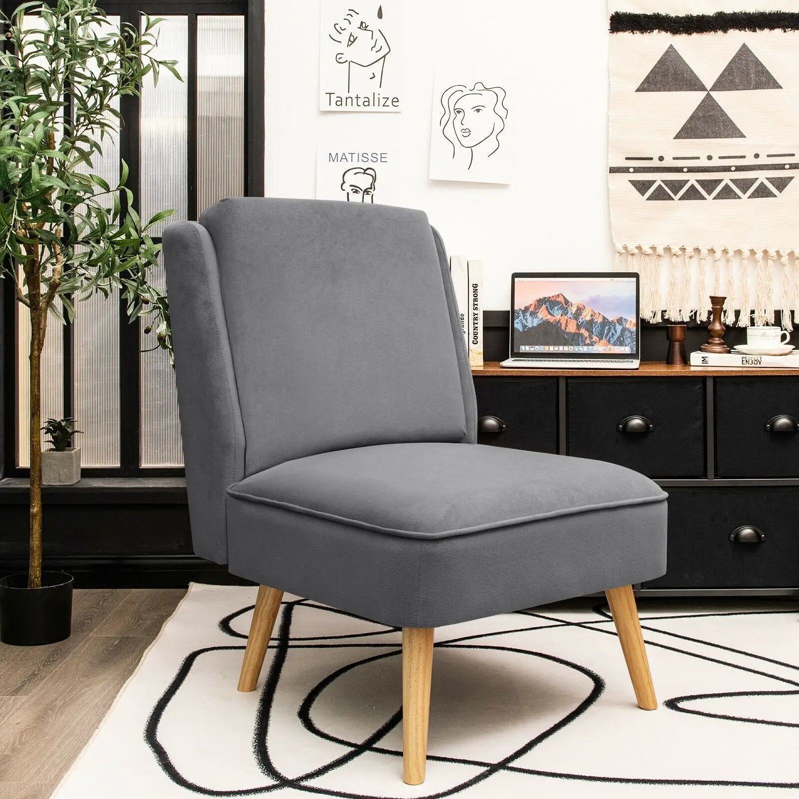 Velvet Accent Armless Side Chair with Rubber Wood Legs for Bedroom by DirectDeals