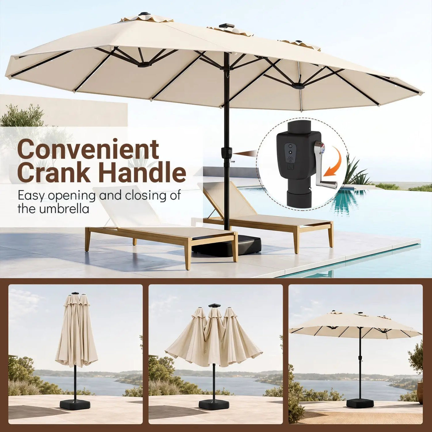 15.5 ft Patio Umbrella with Solar LED Lights & Crank by DirectDeals