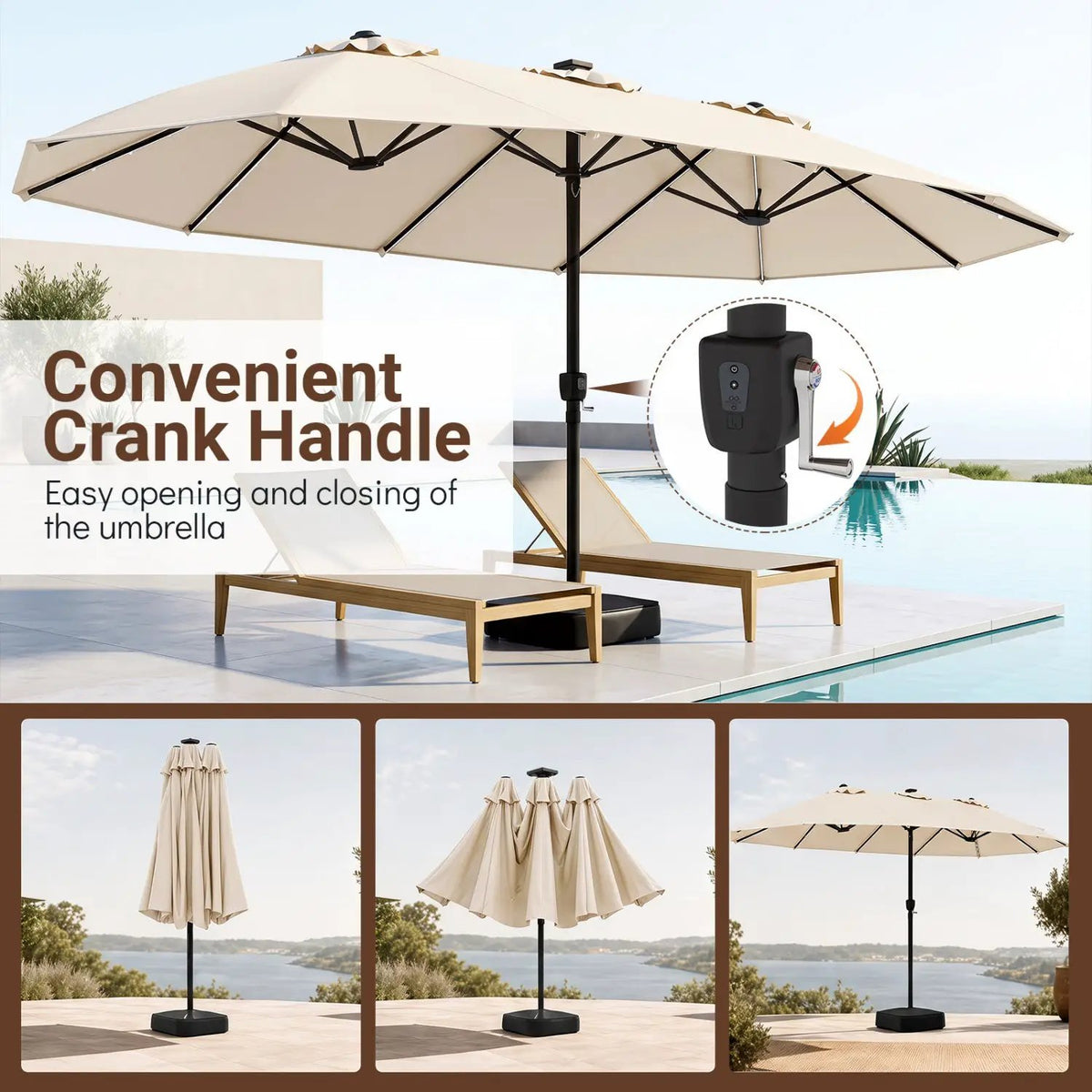 15.5 ft Patio Umbrella with Solar LED Lights & Crank by DirectDeals