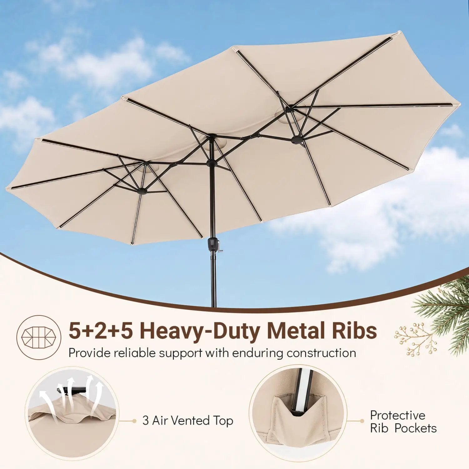 15.5 ft Patio Umbrella with Solar LED Lights & Crank by DirectDeals