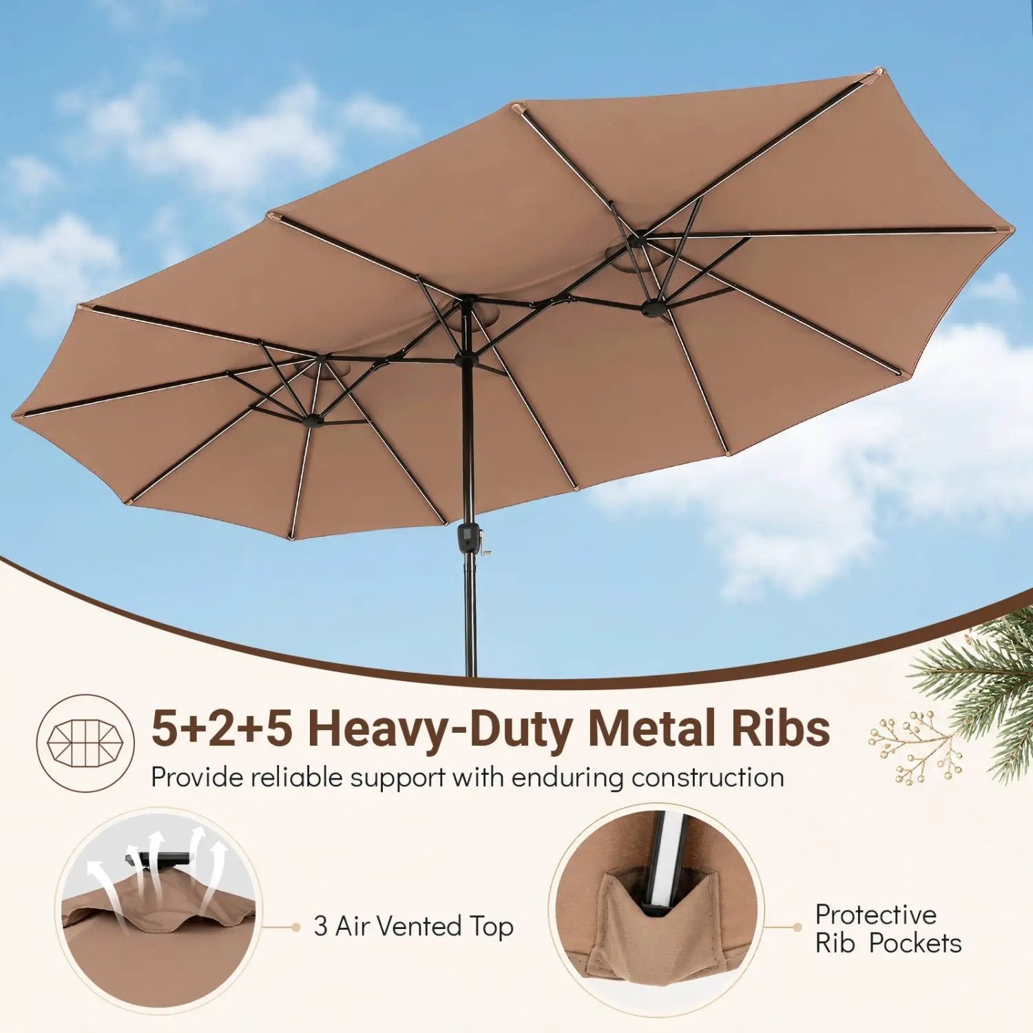 15.5 ft Patio Umbrella with Solar LED Lights & Crank by DirectDeals
