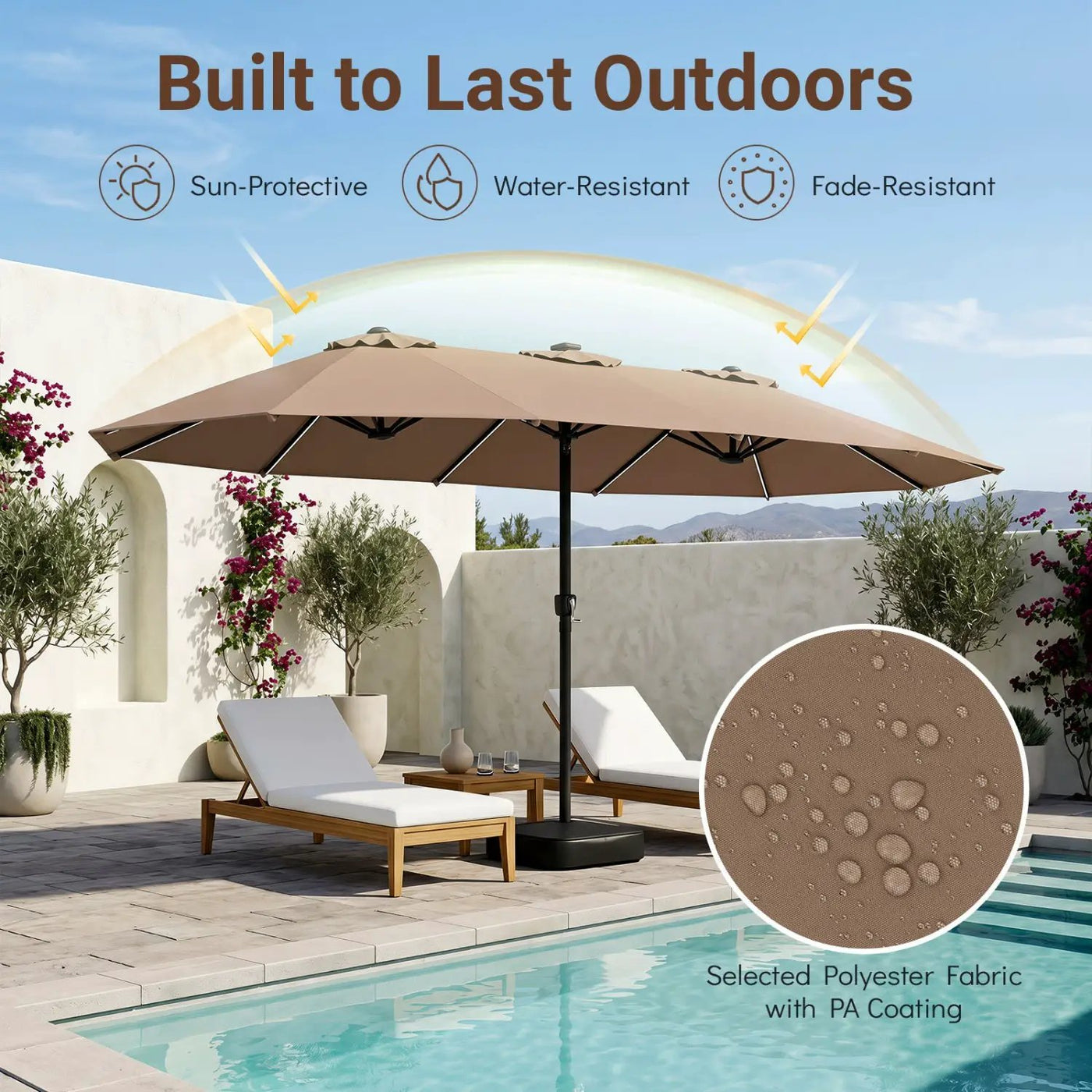 15.5 ft Patio Umbrella with Solar LED Lights and Base by DirectDeals