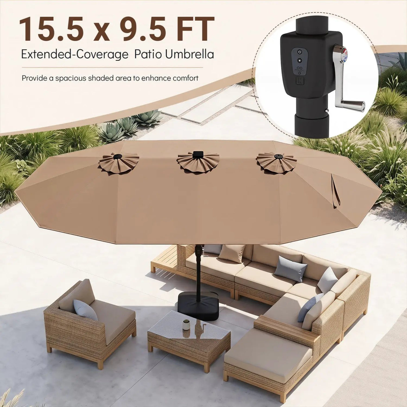 15.5 ft Patio Umbrella with Solar LED Lights and Base by DirectDeals