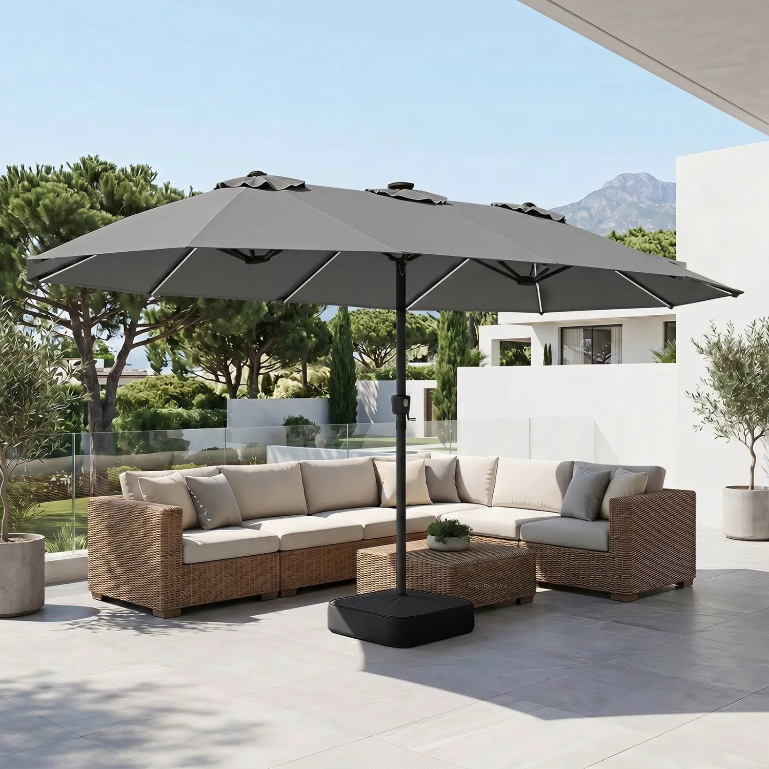 15.5 ft Patio Umbrella with Solar LED Lights and Base by DirectDeals