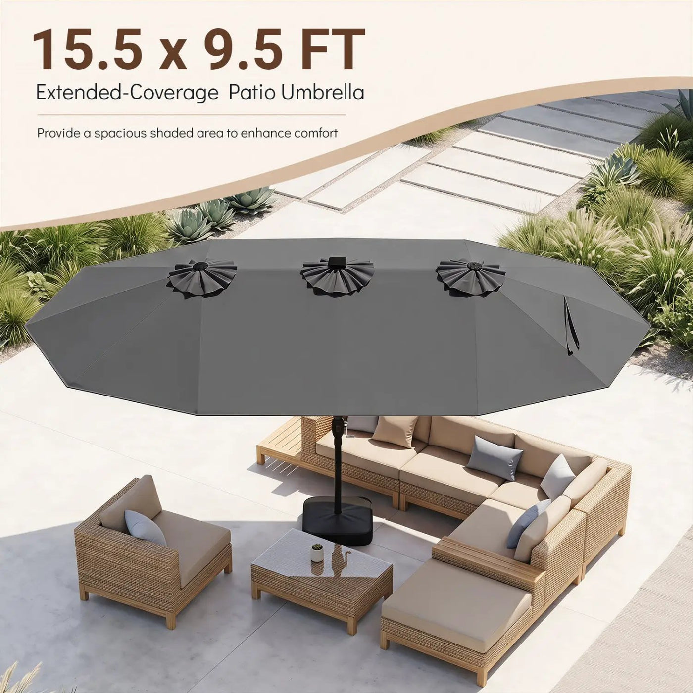 15.5 ft Patio Umbrella with Solar LED Lights and Base by DirectDeals
