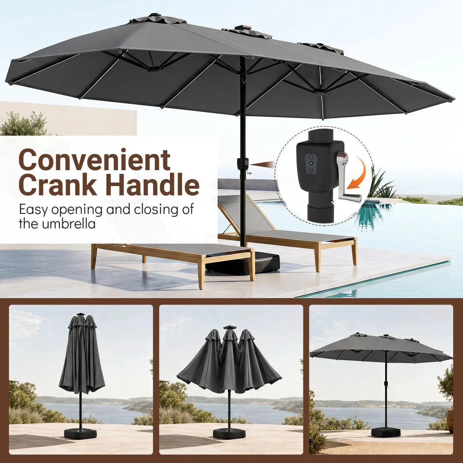 15.5 ft Patio Umbrella with Solar LED Lights and Base by DirectDeals