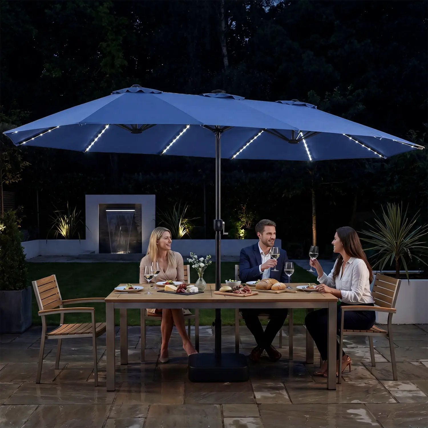 15.5 ft Patio Umbrella with Solar LED Lights and Base by DirectDeals