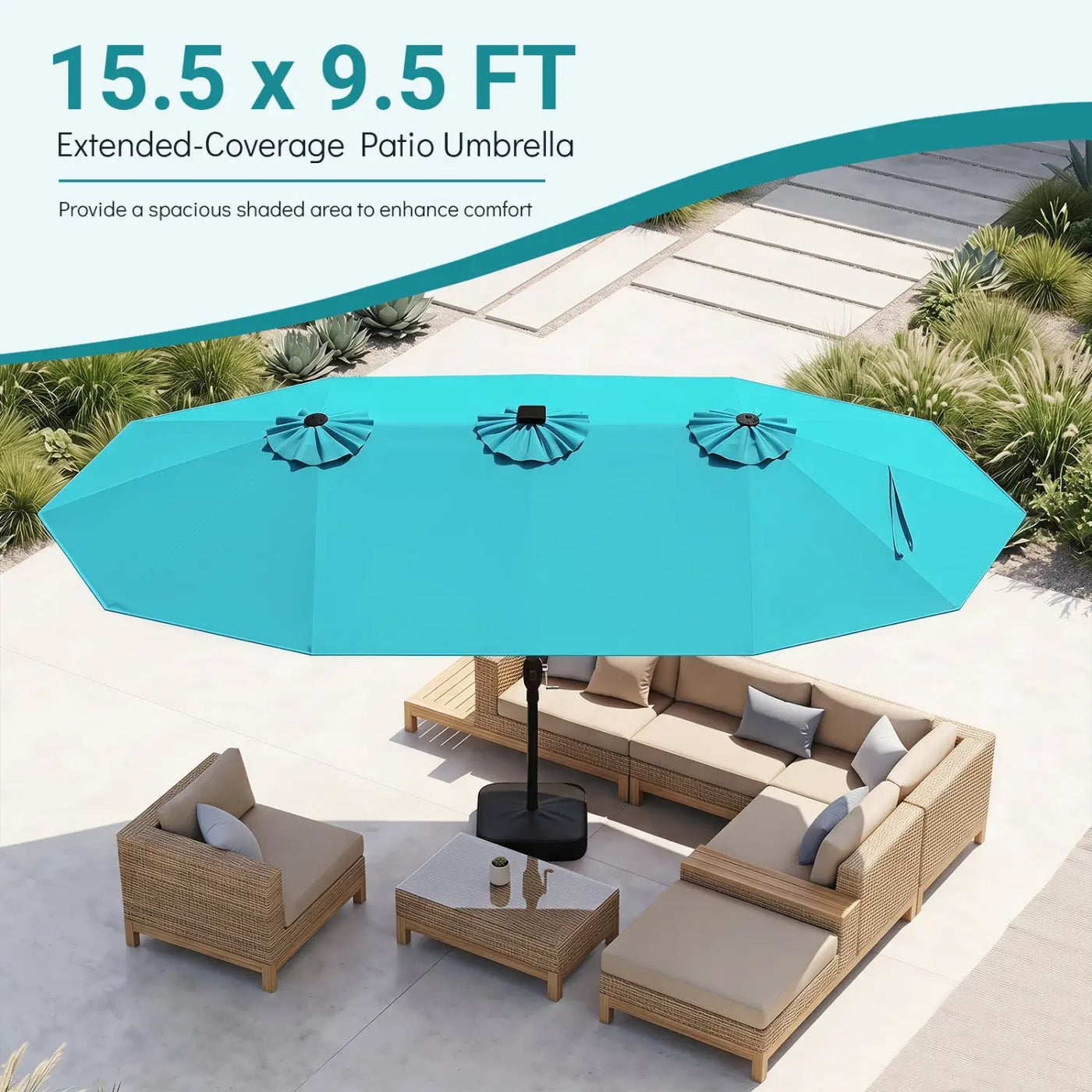 15.5 ft Patio Umbrella with Solar LED Lights and Base by DirectDeals