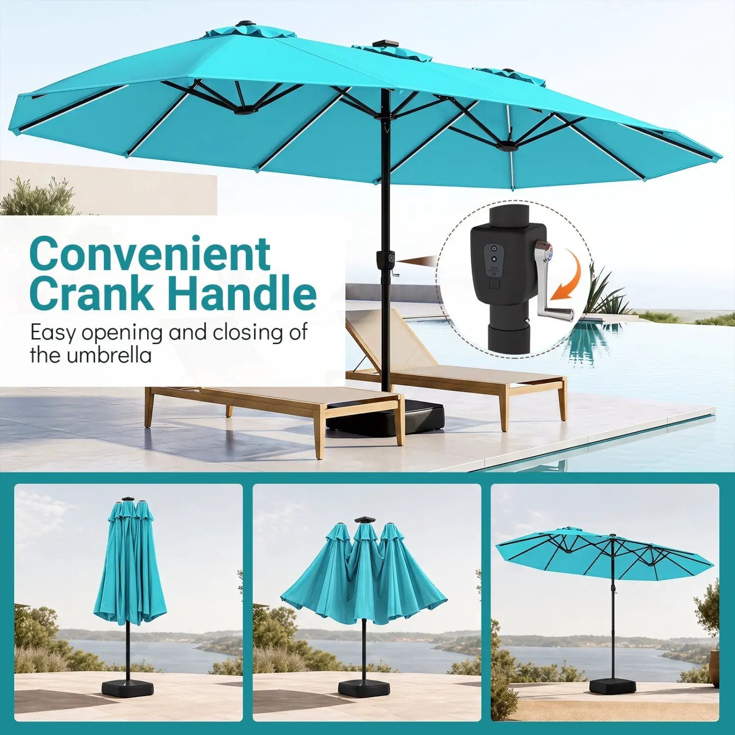 15.5 ft Patio Umbrella with Solar LED Lights and Base by DirectDeals