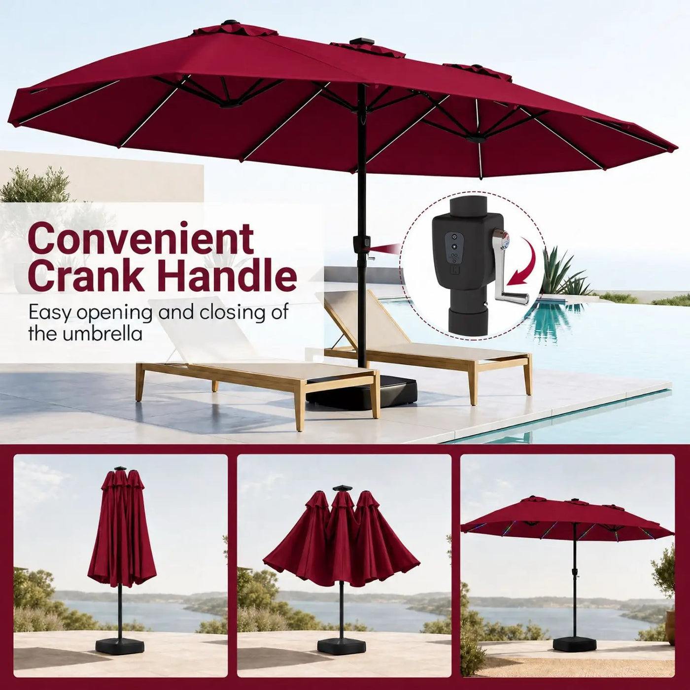 15.5 ft Patio Umbrella with Solar LED Lights and Base by DirectDeals