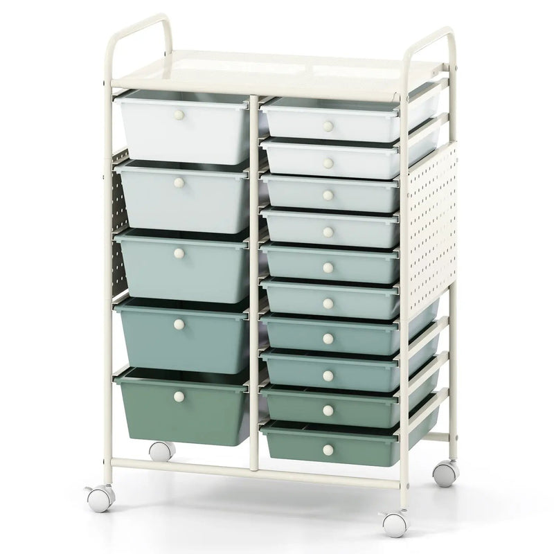 15-Drawer Rolling Storage Cart with Metal Tabletop and Pegboard by DirectDeals