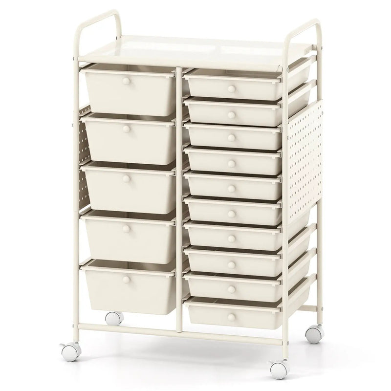 15-Drawer Rolling Storage Cart with Metal Tabletop and Pegboard by DirectDeals