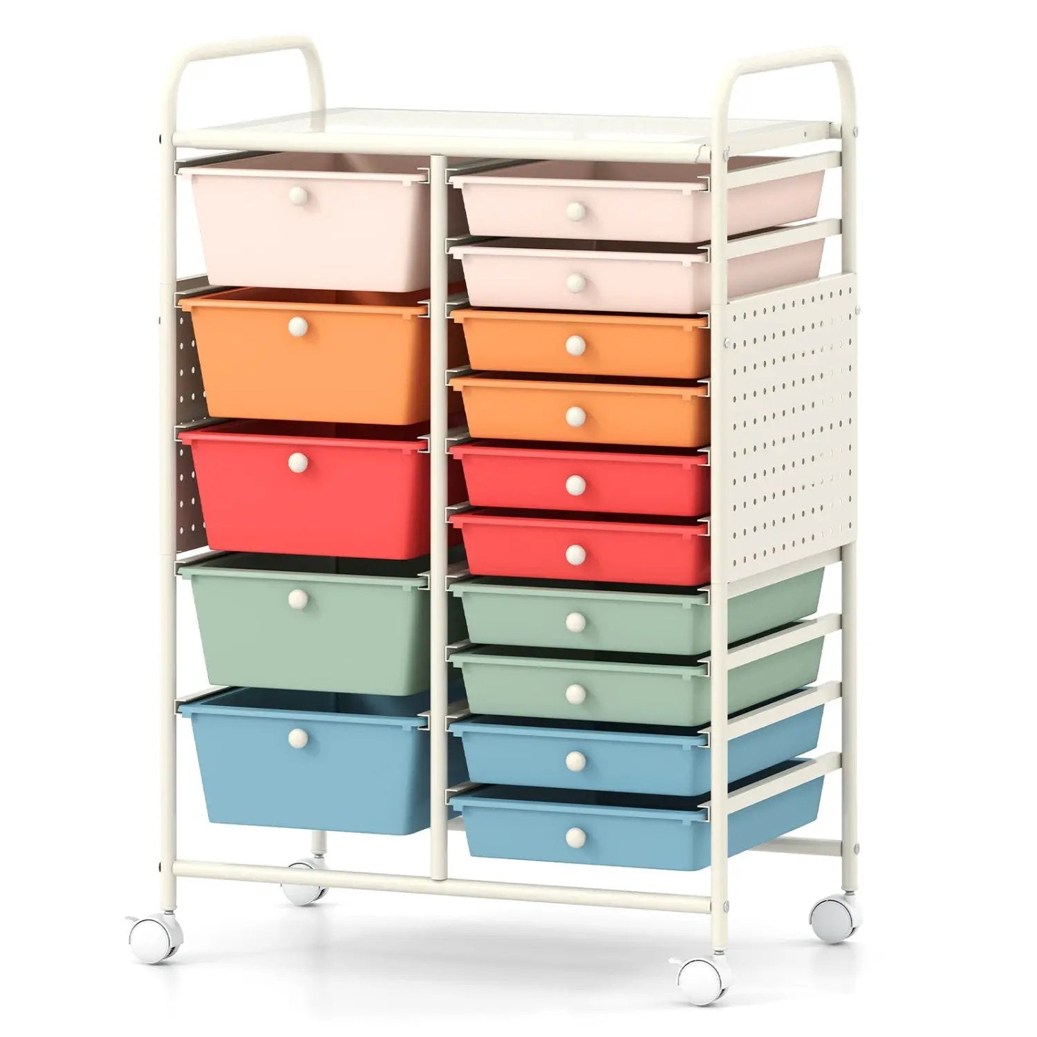 15-Drawer Rolling Storage Cart with Metal Tabletop and Pegboard by DirectDeals
