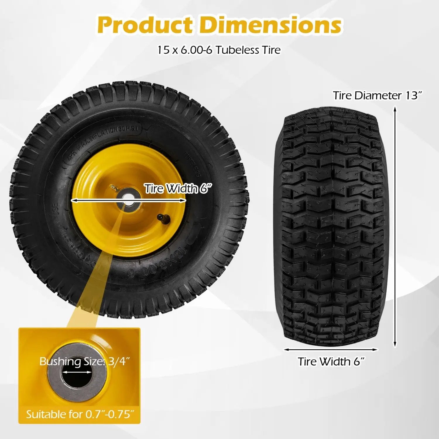 15 x 6.00-6 Tubeless Tires and Wheels 2 Pack 4 PR Tires-Yellow by DirectDeals