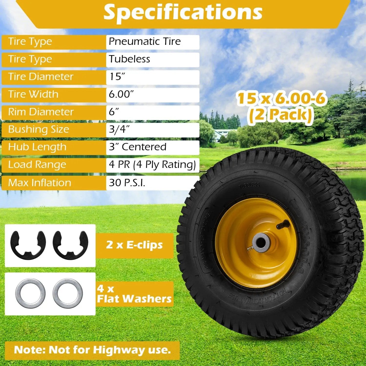 15 x 6.00-6 Tubeless Tires and Wheels 2 Pack 4 PR Tires-Yellow by DirectDeals