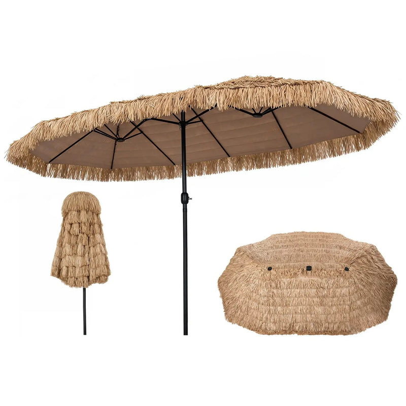 Double-Sided Thatched Tiki Patio Umbrella 15x9 FT with Crank by DirectDeals